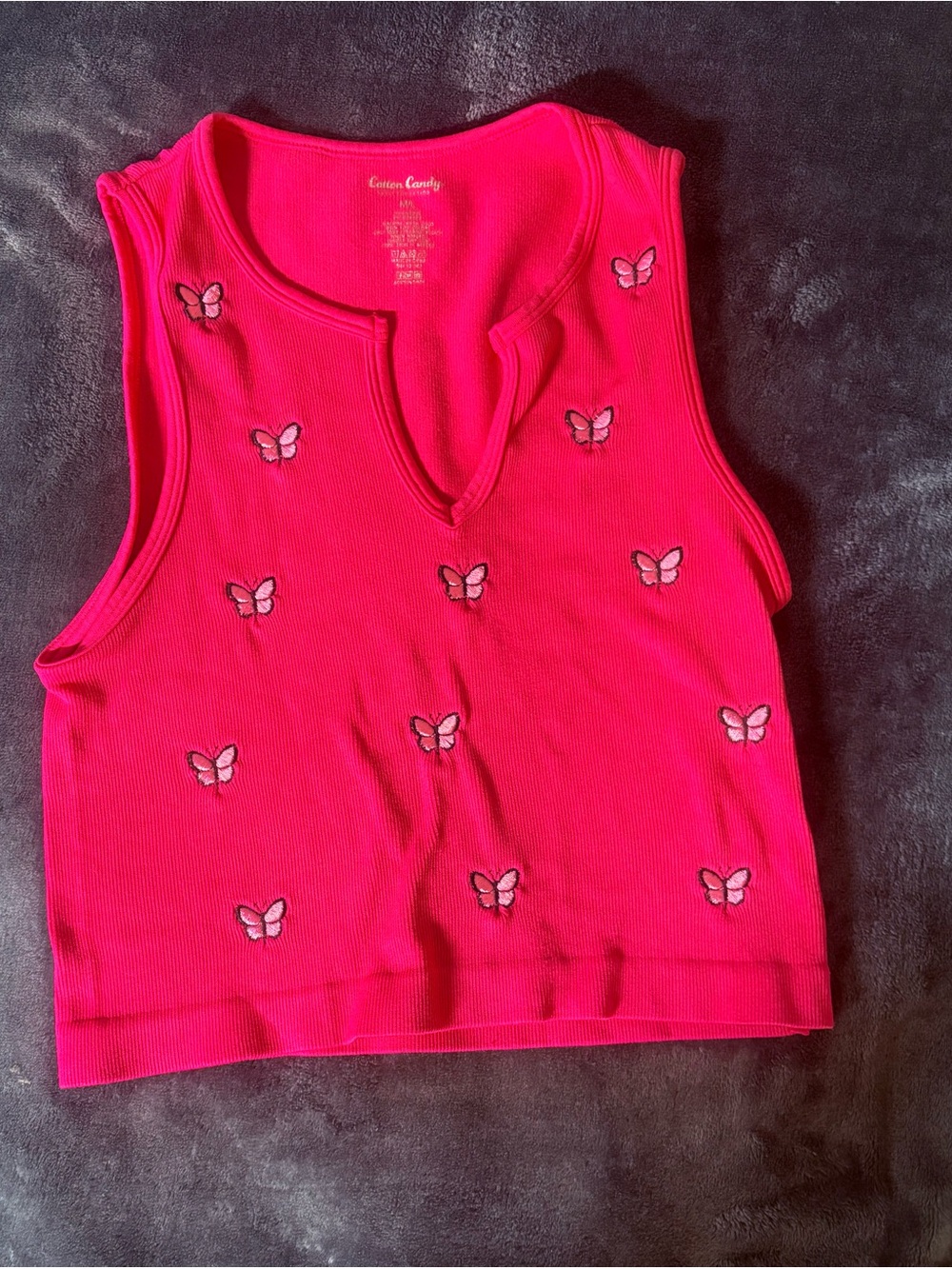 Cotton Candy Bright Pink Butterfly Embroidered Tank Top